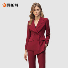 红色西装套装女韩版气质双排扣不规则职业装主持工作服艺考西服女