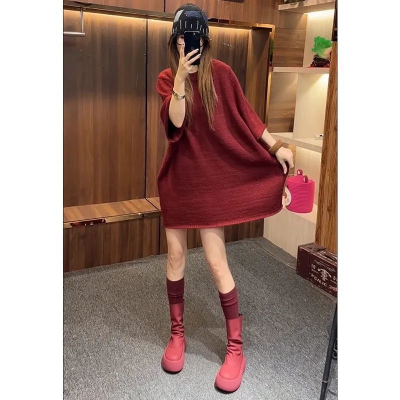 Loose-Fit Round-Neck Solid Color Knit For Women, European Style 2025 Spring New Fashionable Casual Short Dress_ecoleips.com