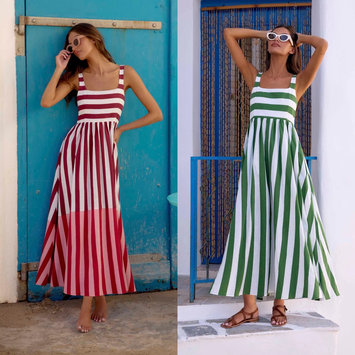 2026 European and American Cross-Border Amazon New Dress, Striped Print Square Neck Flared French Resort Style Long Dress