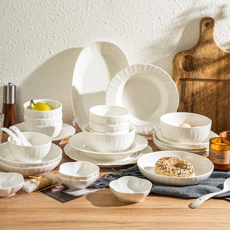 White Light Luxury Bowl and Plate Set for Home Use, Simple Small Bowl-Like Dish Plate, Dinner Plate, Rice Bowl, and Tableware