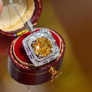 925 Sterling Silver Square Necklace European and American Group Set Simple Yellow Round Cut Moissanite Classic Luxury Mossam