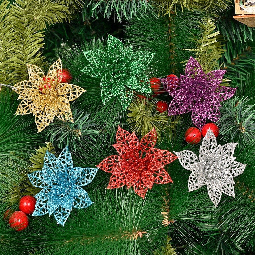 Colgante de Navidad polvo de oro polvo de polvo de plástico flor de simulación accesorios de guirnaldas de decoración de árbol de Navidad flores de Navidad