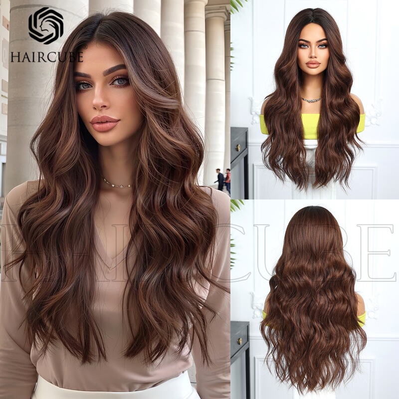 European and American chemical fiber wig dark brown mid-character bangs domestic silk long curly hair whole top wig headgear manufacturers