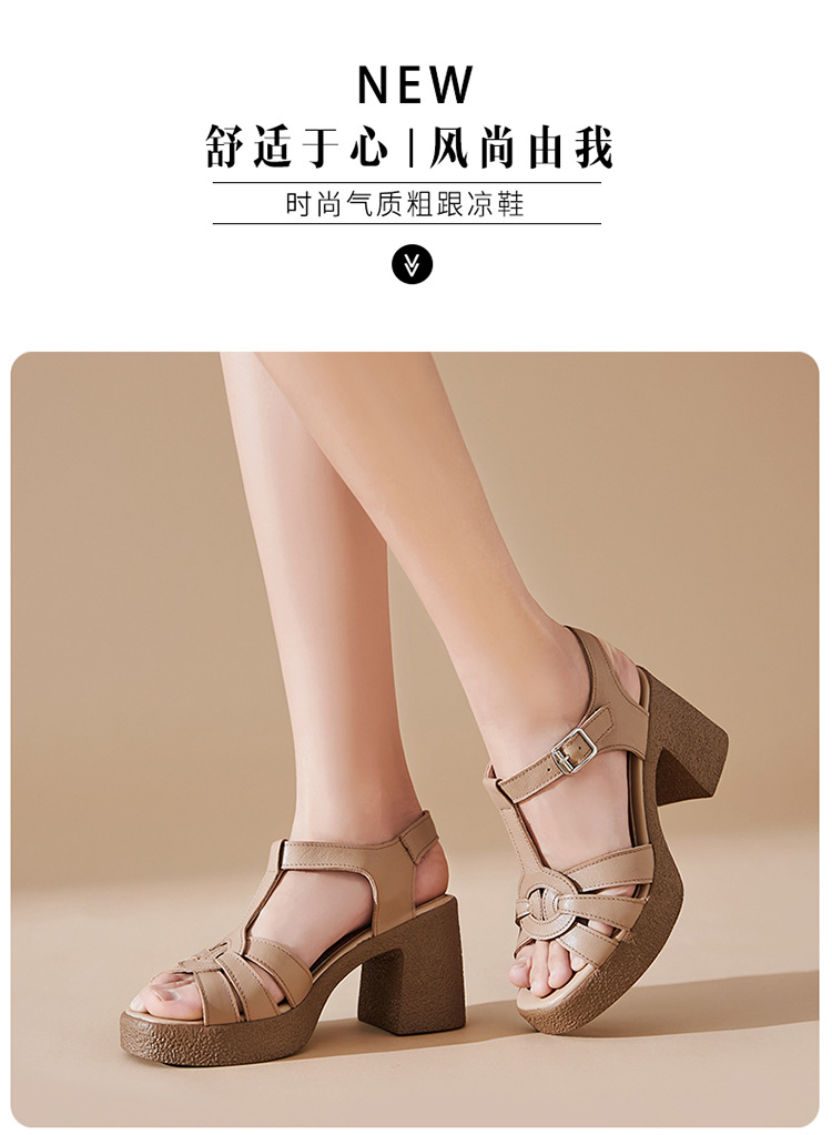Sandal cao gót nữ quai ngang da thật phong cách La Mã đế dày gót thô — Màu đen chi tiết 21