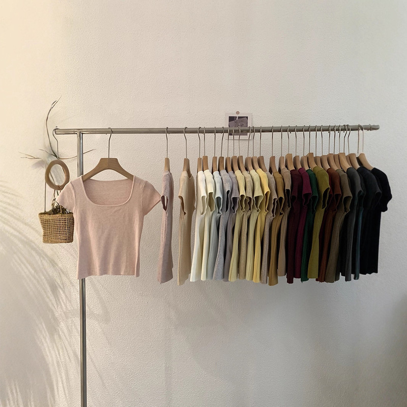 Twenty-Nine Colors of White Square Collar Slimming Short-Sleeved Solid Color Inner Knitted Knitwear Women's Bottoming Tops Foreign Trade Wholesale