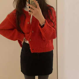 现货 /2025秋冬新款韩国东大门Baby酱复古红色麻花针织开衫毛衣
