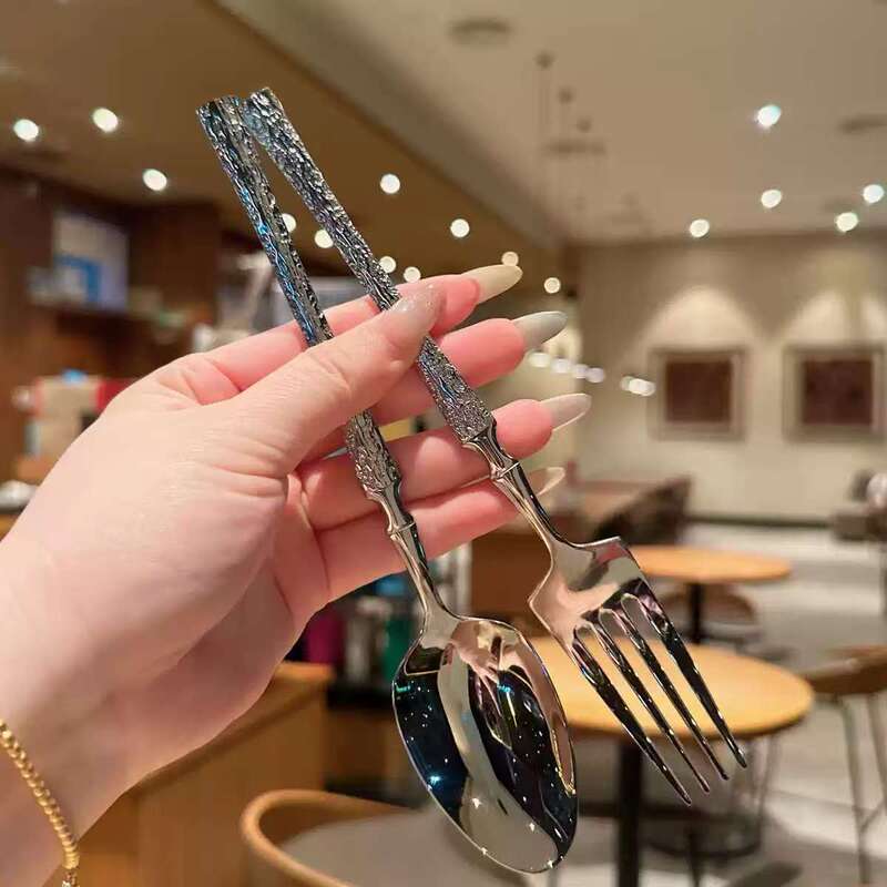 Great Deal! European-Style Tree-Pattern Stainless Steel Spoon and Fork for Home Use, Long-Handled Dining Spoon, Restaurant Main Course Spoon and Fork