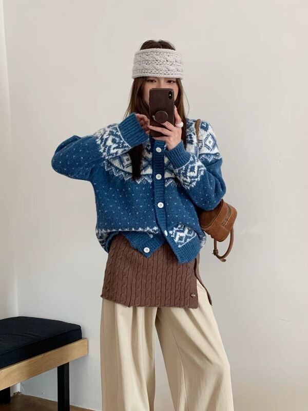 氛围感复古提花费尔岛毛衣开衫女秋冬季新款宽松慵懒风针织衫外套|undefined