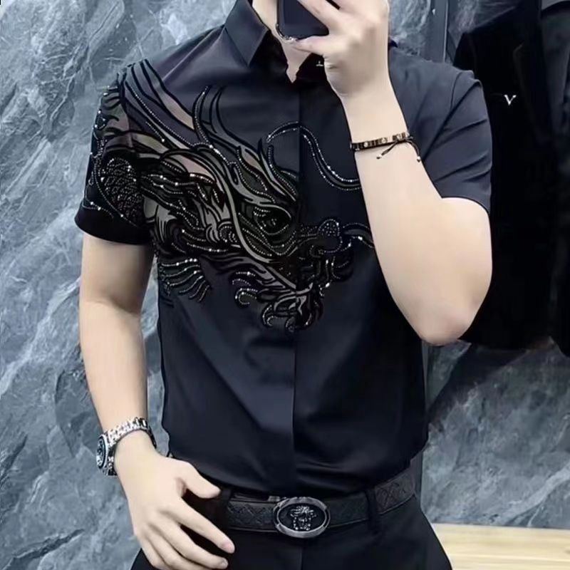 2025 Spring and Summer New Men's Dragon Pattern Quick-Drying Breathable Short-Sleeved Shirt Flying Dragon in the Sky