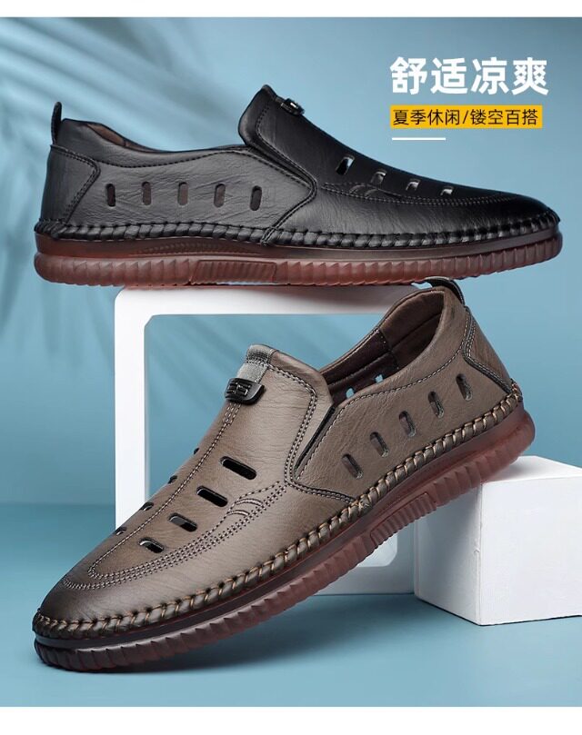Giày sandal nam da lười khoét lỗ đế bằng chống trượt thoáng khí — Màu kaki, màu đen chi tiết 9