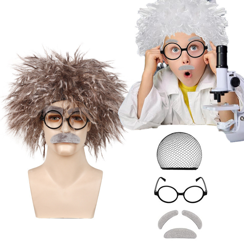 Cross-Border New Brown Braided Einstein Old Professor Wig Crazy Scientist Stage Performance Headgear