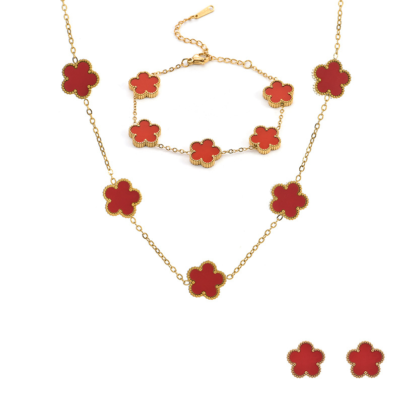 Trébol de cinco hojas de la suerte nuevo estilo transfronterizo pulsera de acero de titanio de doble cara, collar, aretes, moda de nicho de 18K, no se desvanece