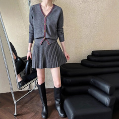 韩版学院风V领针织开衫外套+灰色百褶半身裙JK制服套装女两件套