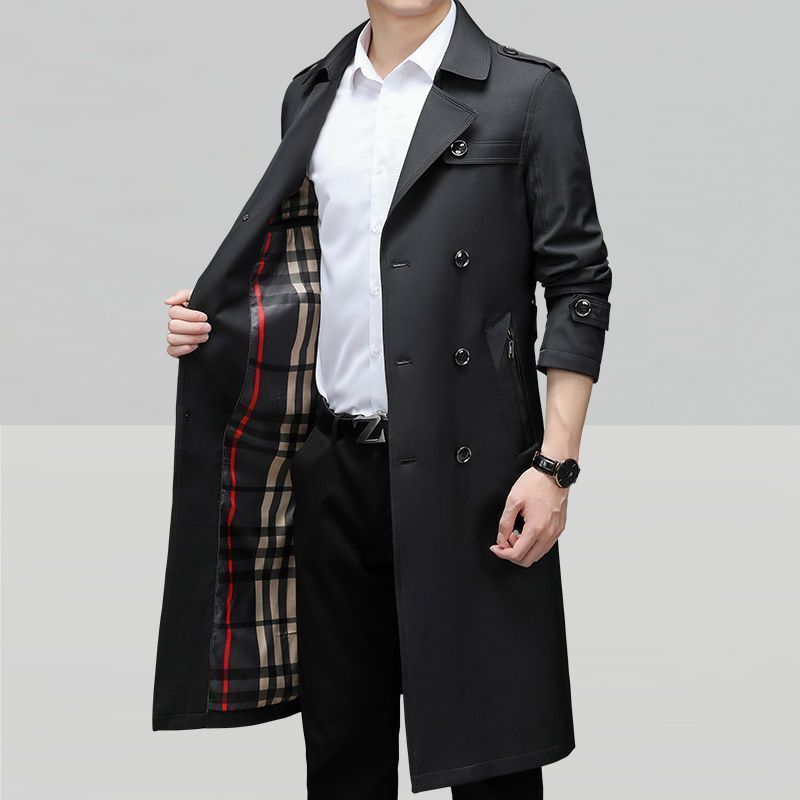 Men's double-breasted mid-length trench coat, business casual solid color jacket, spring and autumn style with belt and lapel, men's trench coat
