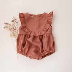 荷葉邊領短袖棉麻三角哈衣嬰兒寶寶甜美包屁衣ins爆木耳邊亞馬遜