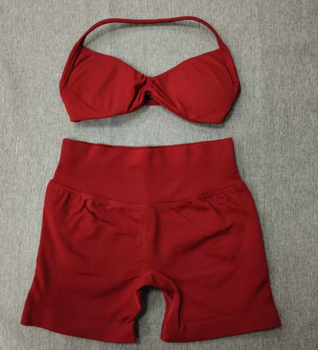 Conjunto DF Amazon pantalones cortos explosivos sujetador pequeño alto elástico superfino nailon halter cuello hermoso chaleco deportivo trasero