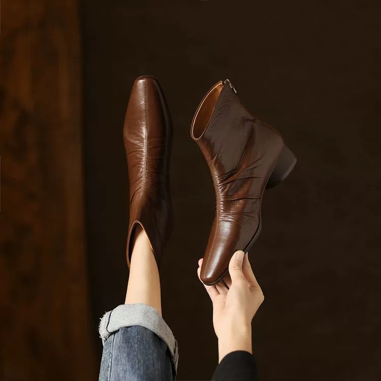 Ретро кожаные складки толстые сапоги на каблуке женские модные коричневые после застежки-молнии натуральная кожа с каблуками Мартин сапоги челси сапоги