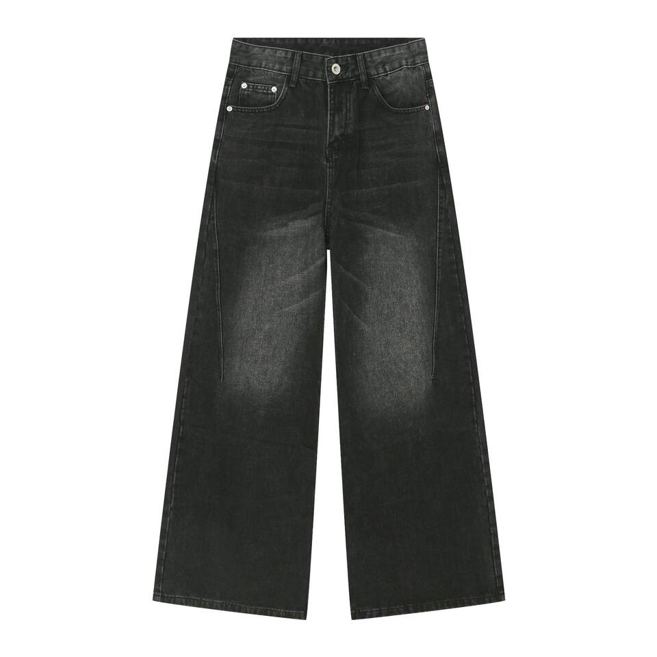 Quần jean nam ống rộng suông thẳng lưng giữa phong cách Hàn Quốc thiết kế retro — Xanh lam làm cũ, màu xanh cũ nhạt, Đen xám