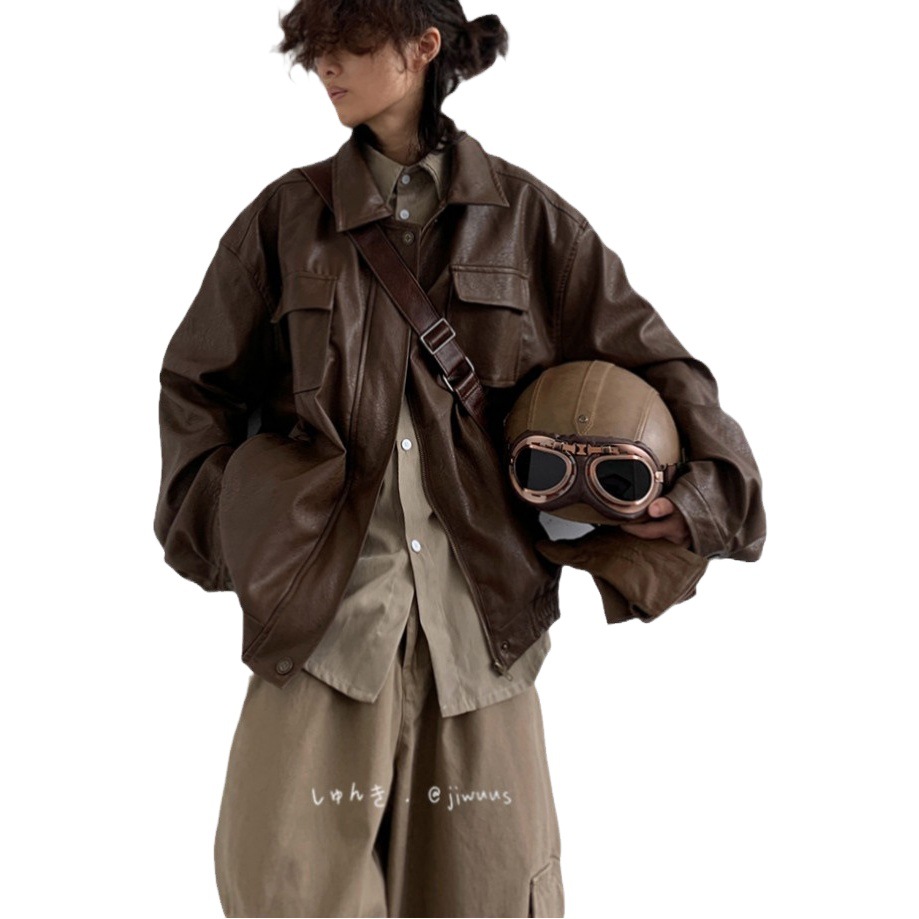 Primavera 2024 japonés retro pu motocicleta chaqueta de cuero para niños y niñas clásico suelto neutral marrón chaqueta de cuero chaqueta