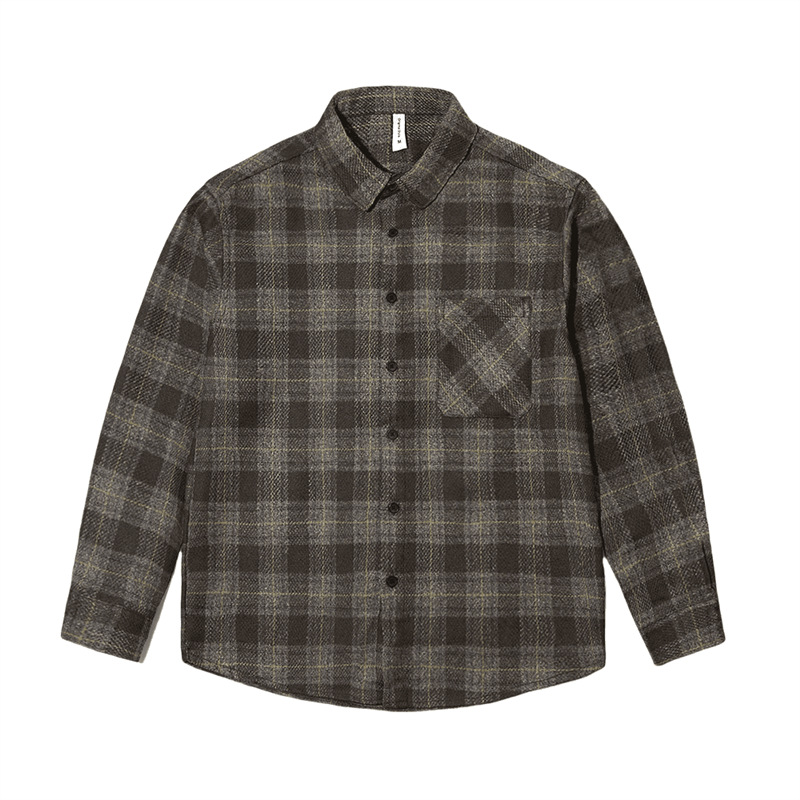 남성용 일본 무거운 격자 무늬 셔츠 남성용 가을 캐주얼 스크럽 루즈 자켓 트렌디 브랜드 빈티지 작업복 롱 슬리브 라이닝