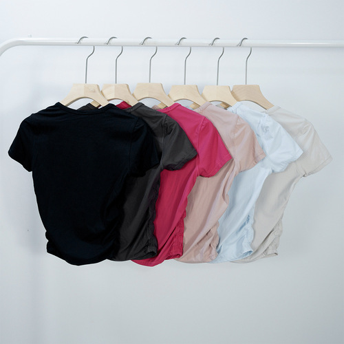 Waisted short-sleeved slim-fitting ribbed T-shirt high-waisted short quick-drying yoga wear outdoor sports summer round neck
