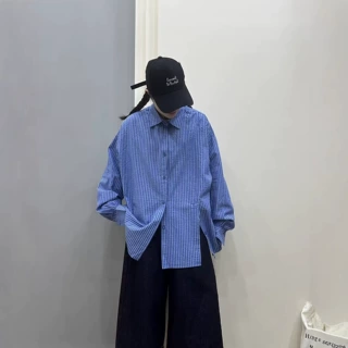简梦纯棉条纹衬衫 2026春季新款 时尚侧边开叉大版休闲上衣女9916