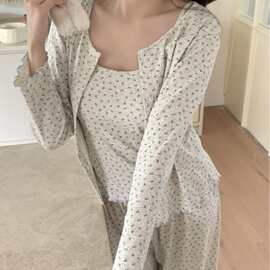 跨境专供外贸女士新品韩版早春新款INS碎花针织居家睡衣三件套女