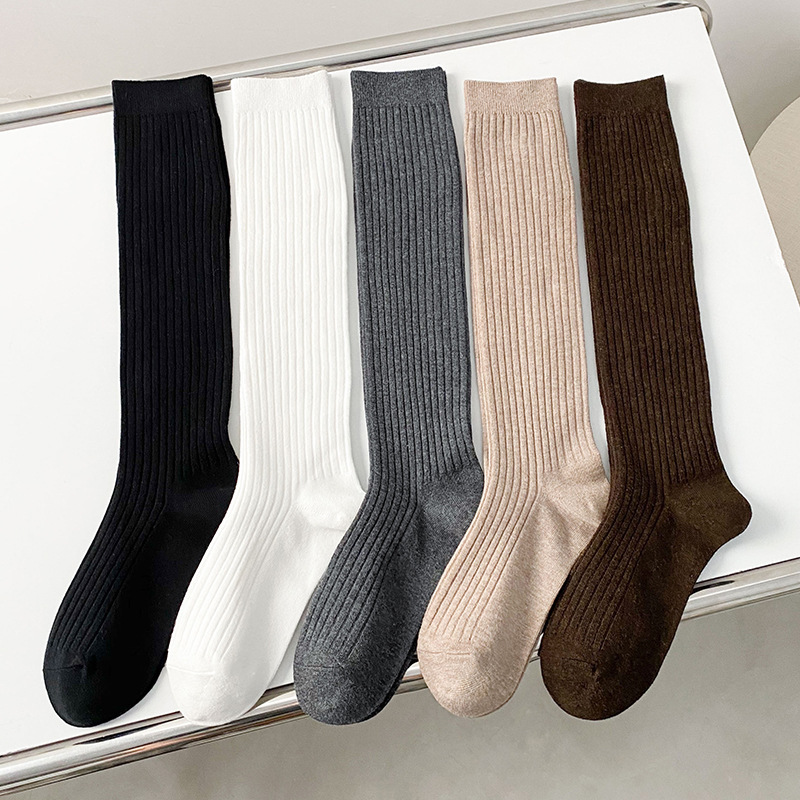 Autumn and Winter Shallow Socks Women's Ins Trendy Korean-style Knee-high Cotton Socks Japanese-style JK Solid Color Vertical Stripe Long Barrel Stacked Socks Autumn and Winter Shallow Socks Women's Ins Trendy Korean-style Knee-high Cotton Socks Japanese-style JK Solid Color Vertical Stripe Long Barrel Stacked Socks