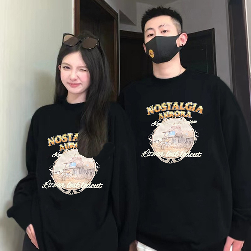 English printed round neck couple sweater women's fleece-lined autumn and winter New couple pullover top student men's and women's fashion brand English printed round neck couple sweater women's fleece-lined autumn and winter New couple pullover top student men's and women's fashion brand