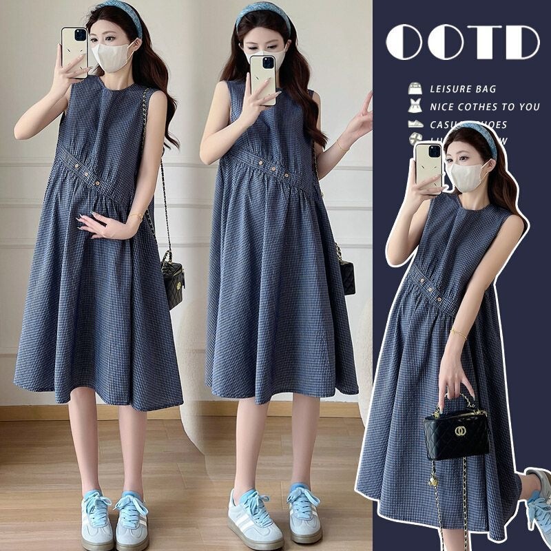 2026 Fashionable and Elegant Loose-Fitting Plaid Sleeveless Dress for Pregnant Women, Age-Reducing and Tummy-Concealing, Southeast Asia in Stock
