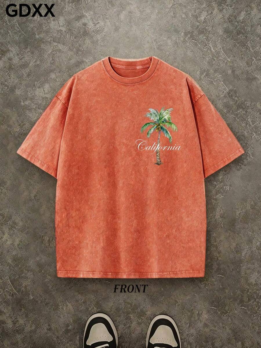 Camiseta de hombre de algodón con estampado de palmera casual_voghion.com