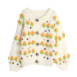 欧美立体钩花圆领毛衣针织开衫宽松气质秋冬新款慵懒棒针外套上衣