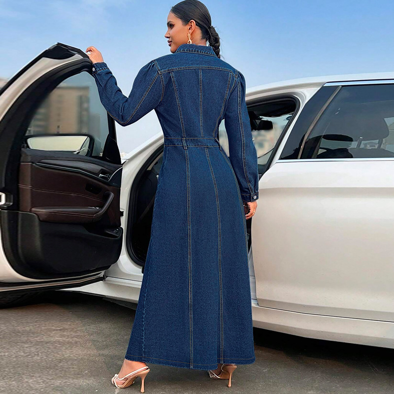 708g Weight Maxi Long Dress Dress Length Type Long Sleeve Sleeve Length Denim Dress Dresses Type Cotton (more than 30%), Denim Fabric Type High Waist Waist Line Holiday, Street Occasion Turndown Neckline Slim Fit Type Solid Color Pattern Spring, Autumn Season Women's Gender Streetwear Style Wholesale Women's Streetwear Solid Color Holiday Street Turndown Long Sleeve Denim Dress 2