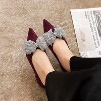 6213-H71 Korean version fashionable bow flat shoes for women, pointed suede versatile and non tiring, rhinestone flat shoes