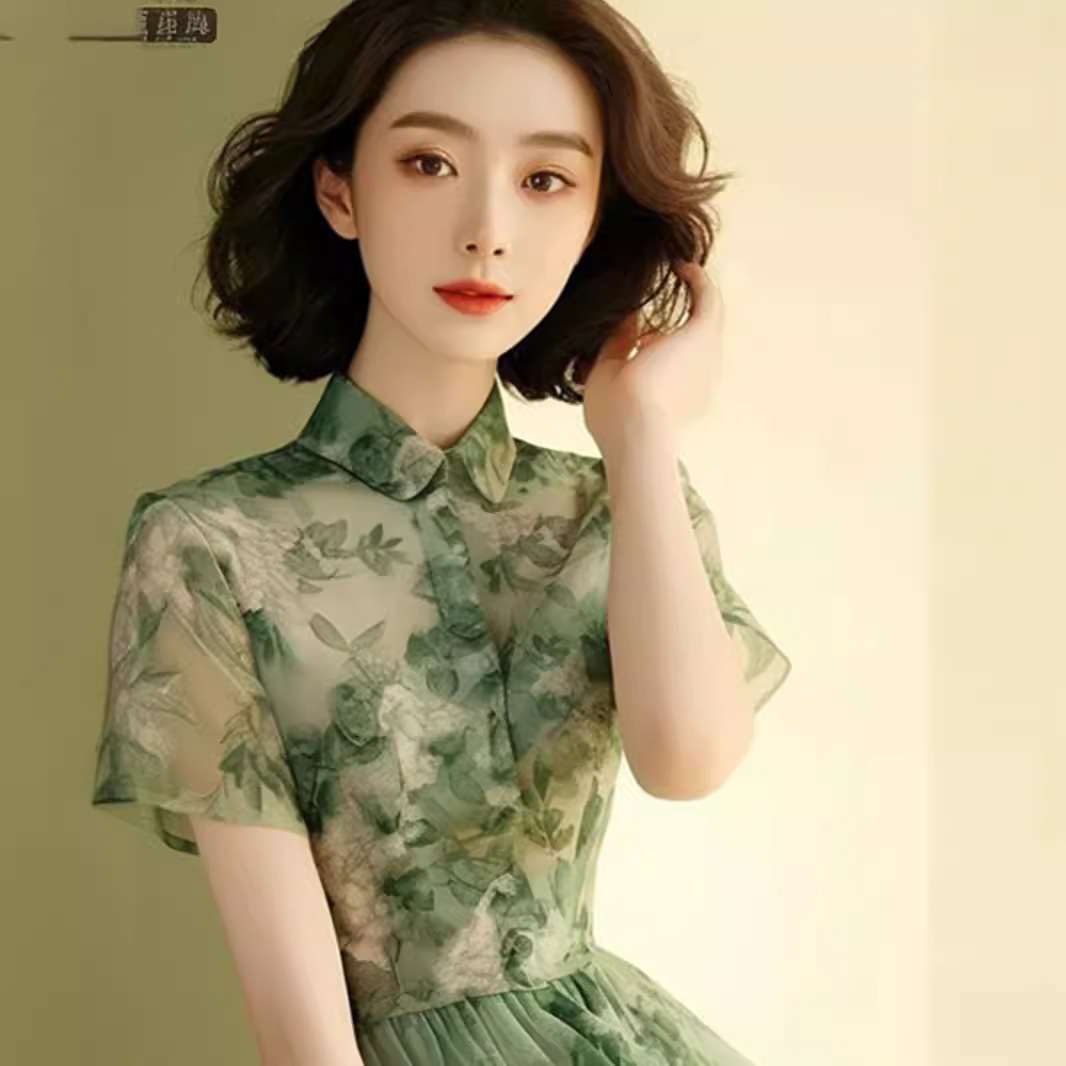Đầm maxi nữ in hoa xanh dáng suông che bụng kiểu Pháp — váy xanh