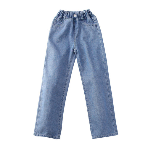 2024 New Trendy Children's Jeans Girls' Spring and Autumn Straight Pants Medium and Large Children's Solid Color Wide Leg Pants Children's Pants Wholesale