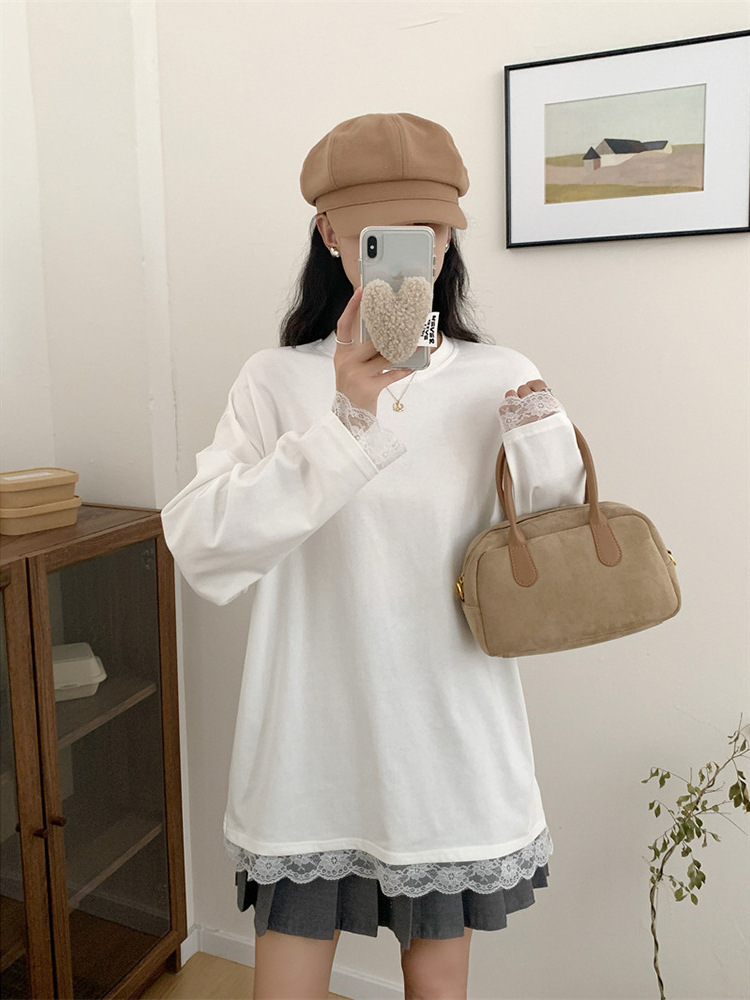 Autumn lace solid color base long-sleeve with a round collar