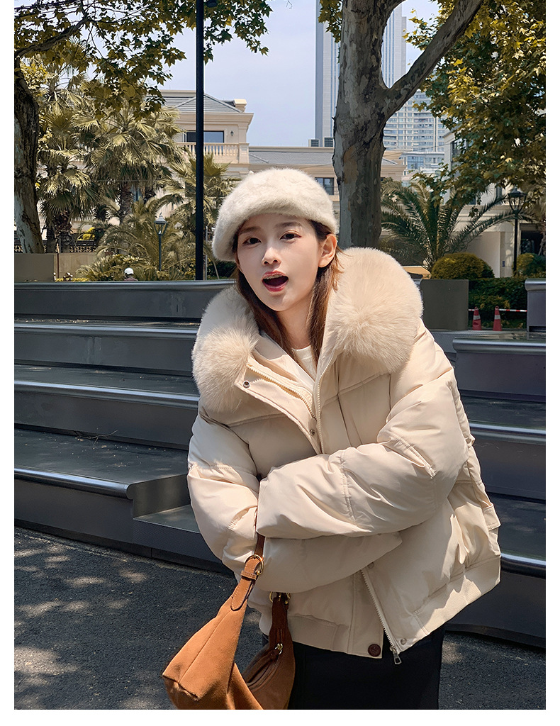 Big fur collar 2024 winter new Korean version loose short clothing cotton women's hooded thickened Down jacket_voghion.com