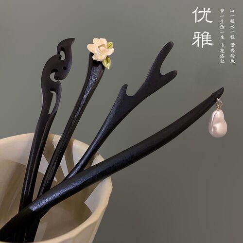 Wooden camellia ancient style hairpin on the back of the head Chinese style minimalist hairpin modern style cheongsam accessories hairpin headdress