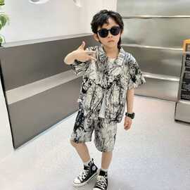 男童夏款雪纺衬衫短袖套装新款洋气儿童韩版帅气夏季短裤两件套潮