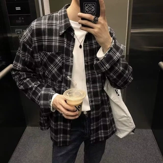 美式复古格子衬衫男秋季高级感痞帅长袖衬衣宽松百搭情侣外套