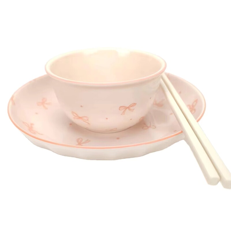 Hengfei Pink Bow Ceramic Tableware Set, Porcelain Ware, Dolomite Bowl, Plate, Fork, Cute