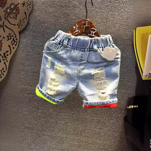Summer New Arrival Boys' Short Pants Personality Hole Open Light Wash Blue Denim Shorts Colorful Pants Ankle Baby Casual Shorts