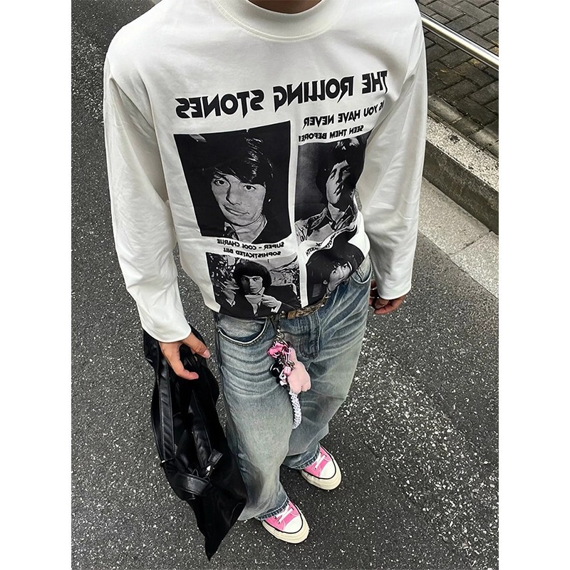 Cleanfit Retro Portrait Band Long-Sleeved T-Shirt Men's Autum High-Bottom Round Neck Sweatshirt with Bottoming Shirt