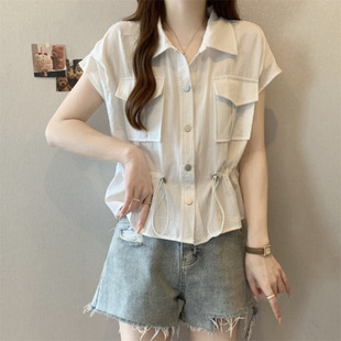 Plus Size Women's Clothing to Cover Belly Plol Collar Workwear Niche Shirt Women's Summer Fat Girl Slimming Look Drawstring Casual Top