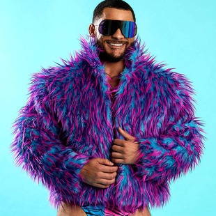Faux fur Amazon popular warm personalized men's stand collar autumn and winter colorful Monster Beach wool faux fur coat