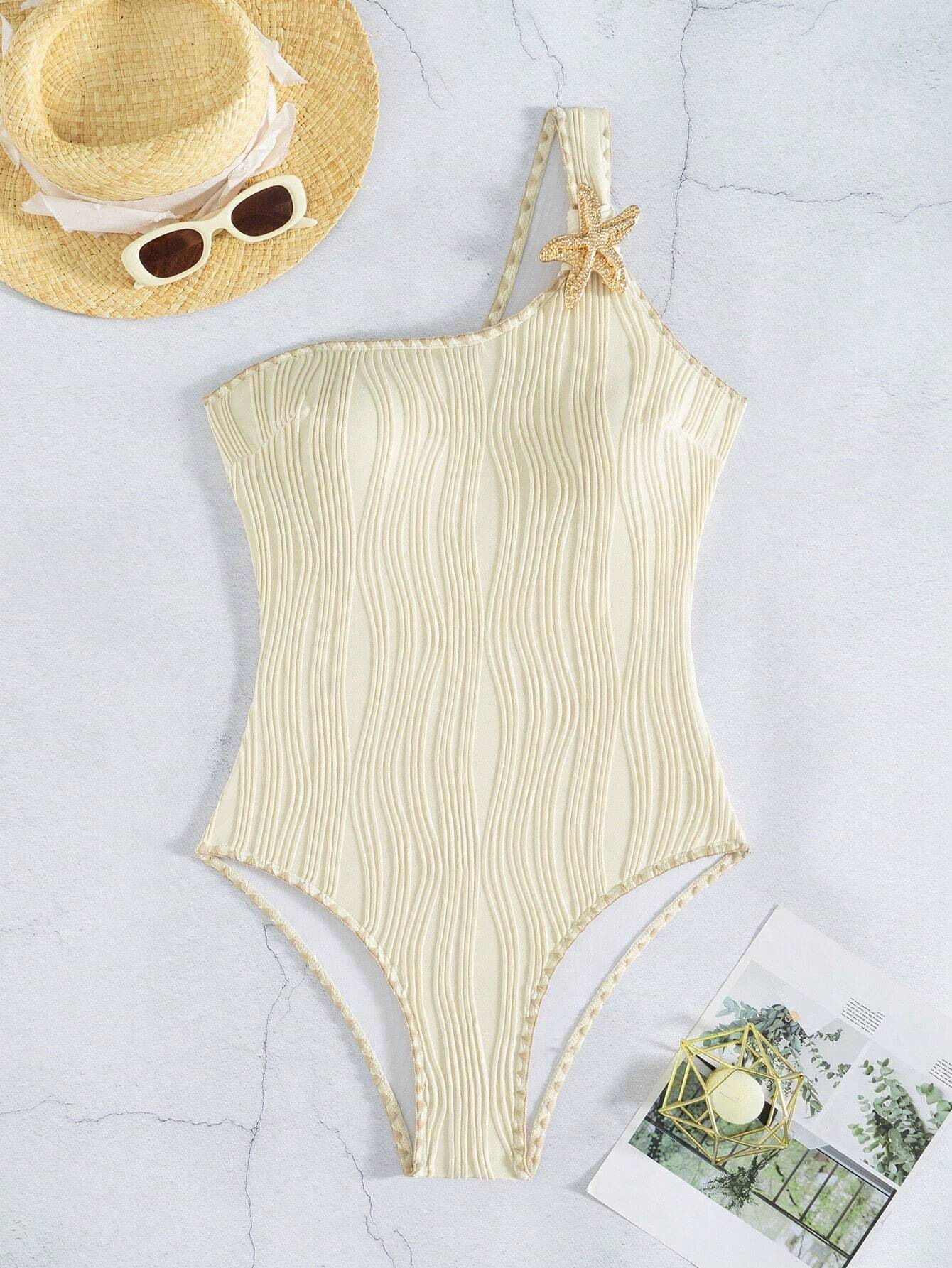 Damenbekleidung, schmal geschnittener, hochwertiger, sexy Einteiler-Bikini mit Triangel-Schnitt und Blumenverzierung, schnelltrocknendes Polyester, dezente Bedeckung_voghion.com