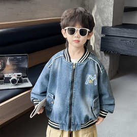 男童水洗牛仔棒球服春秋款中小童字母印花外套儿童罗纹领拉链夹克