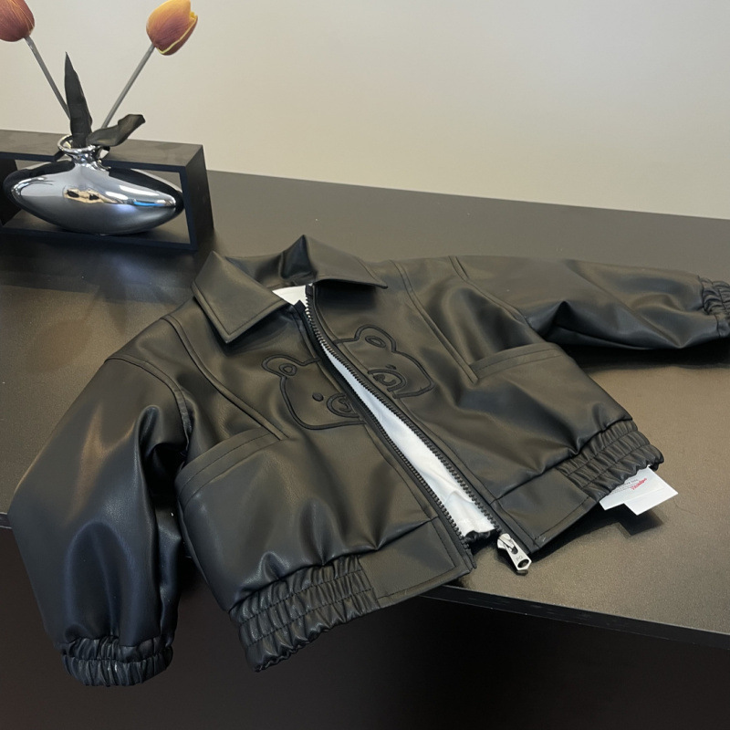 Children's Leather Jacket Jacket 2025 Spring & Fall Korean Style Casual Kidsren's Bear Leather Jacket Tops for Men and Women