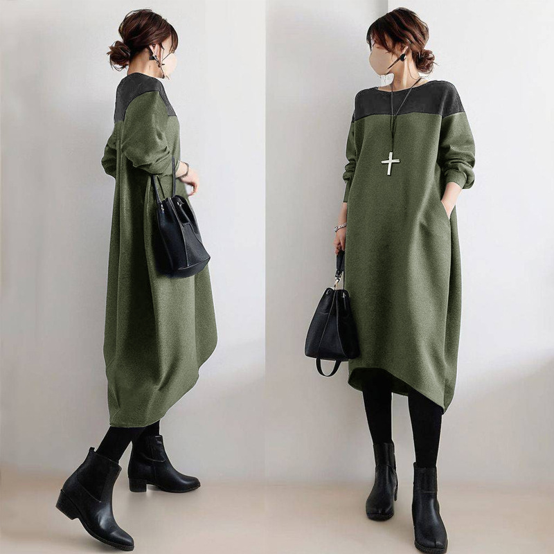Japanese-Style Spring Round Neck Patchwork Dress with Contrasting Color Long-Sleeve Jacket, Foreign Trade Pleated Irregular Hem Long Base Shirt for Women